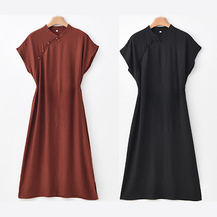 Buddha Stones Plain Cheongsam Lace-Up Design Cotton Linen Short Sleeve Midi Dress - image 23