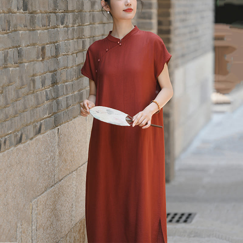Buddha Stones Plain Cheongsam Lace-Up Design Cotton Linen Short Sleeve Midi Dress - image 9