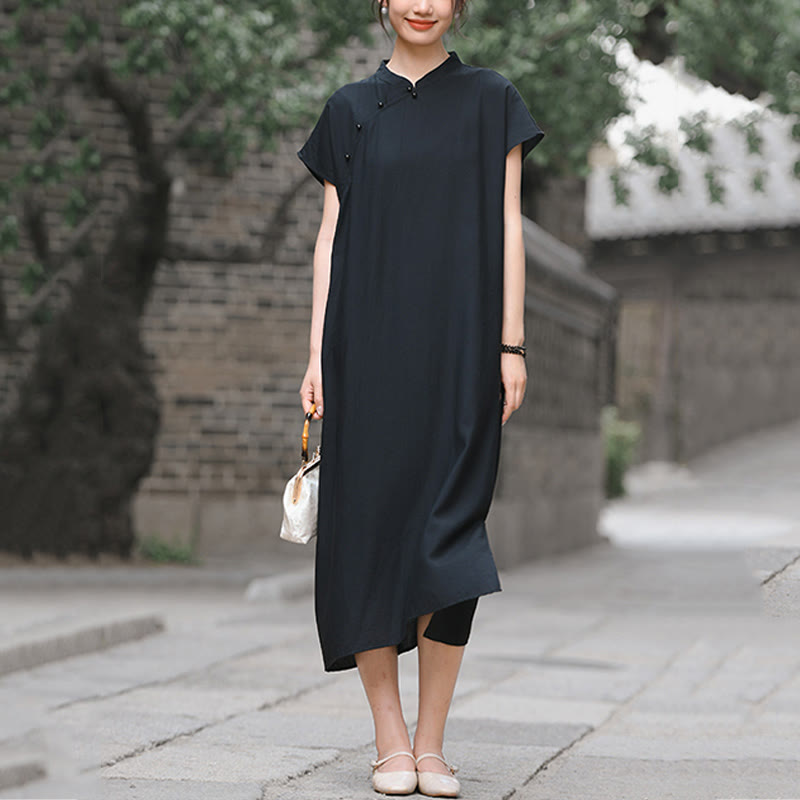 Buddha Stones Plain Cheongsam Lace-Up Design Cotton Linen Short Sleeve Midi Dress - image 20