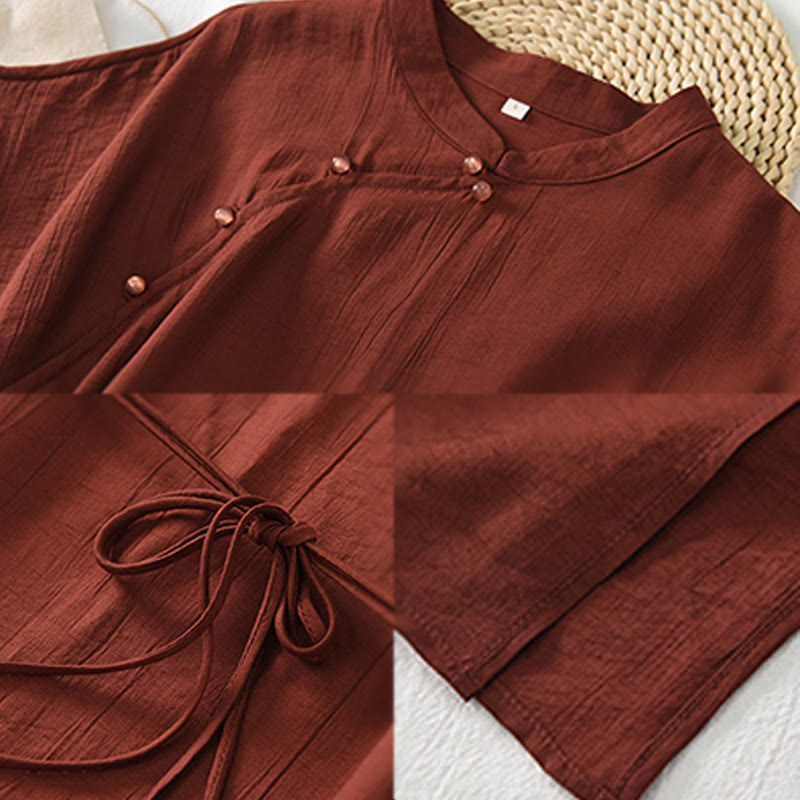 Buddha Stones Plain Cheongsam Lace-Up Design Cotton Linen Short Sleeve Midi Dress - image 13