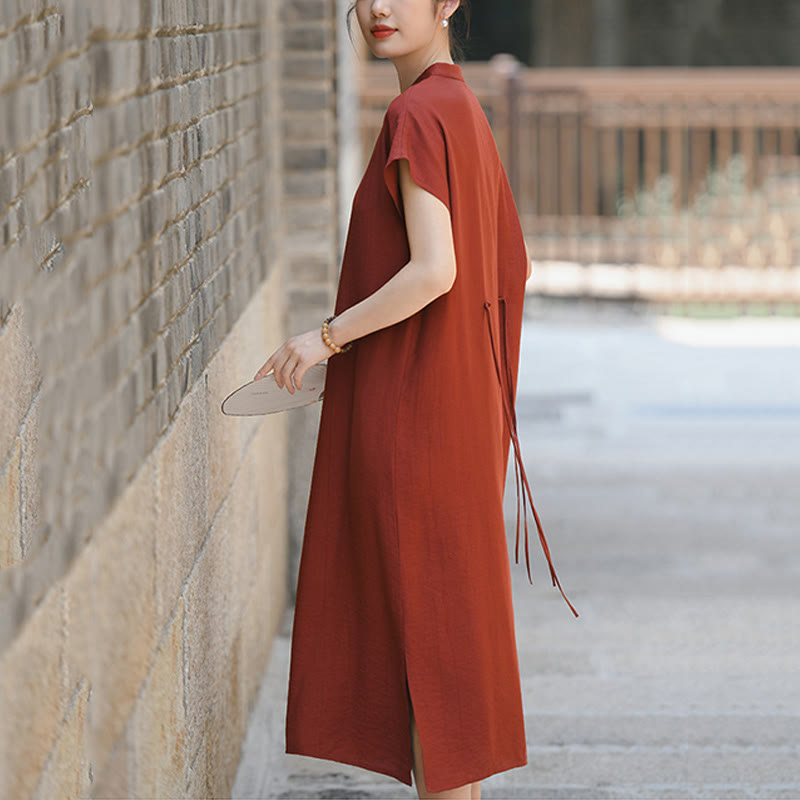 Buddha Stones Plain Cheongsam Lace-Up Design Cotton Linen Short Sleeve Midi Dress - image 8