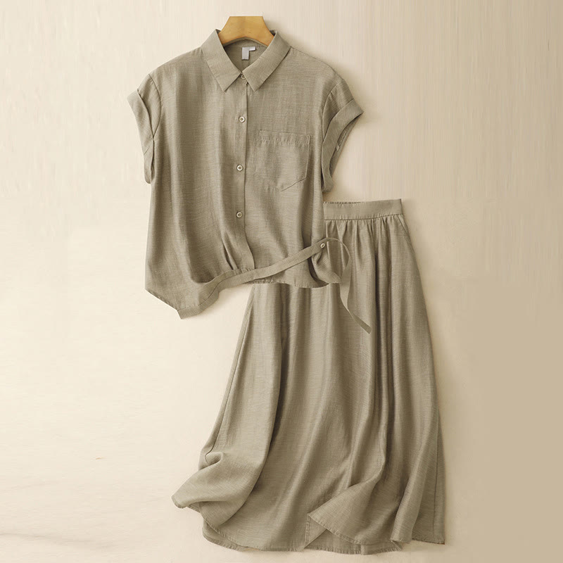 Buddha Stones 2Pcs Short Sleeve Shirt 7-8 Length Skirt With Pockets Cotton Linen Women's Set - DarkKhaki - US8-10,UK/AU12-14,EU40-42 (2XL) - image 1