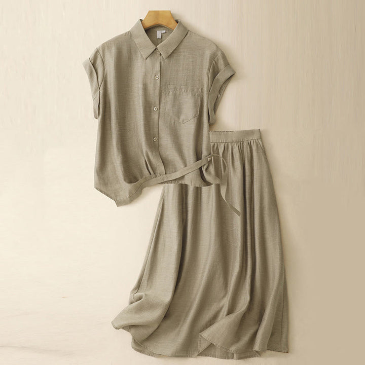 Buddha Stones 2Pcs Short Sleeve Shirt 7-8 Length Skirt With Pockets Cotton Linen Women's Set - DarkKhaki - US8-10,UK/AU12-14,EU40-42 (2XL) - image 1