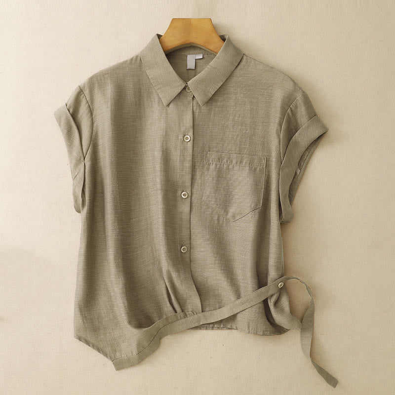 Buddha Stones 2Pcs Short Sleeve Shirt 7-8 Length Skirt With Pockets Cotton Linen Women's Set - image 3