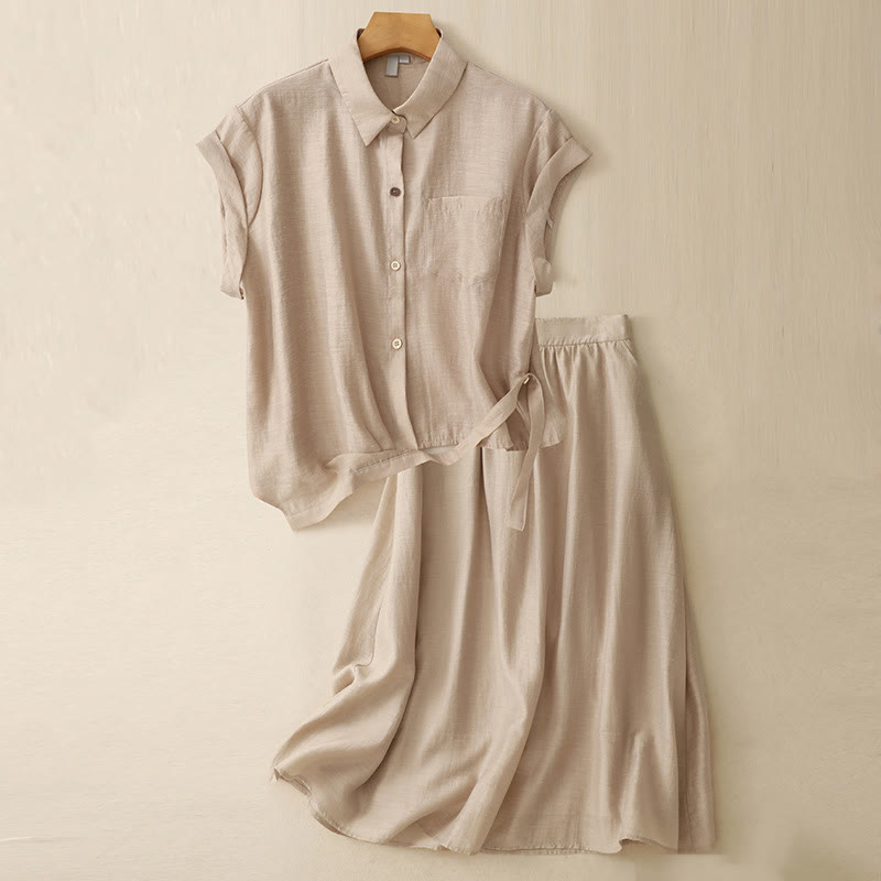 Buddha Stones 2Pcs Short Sleeve Shirt 7-8 Length Skirt With Pockets Cotton Linen Women's Set - Wheat - US8-10,UK/AU12-14,EU40-42 (2XL) - image 15