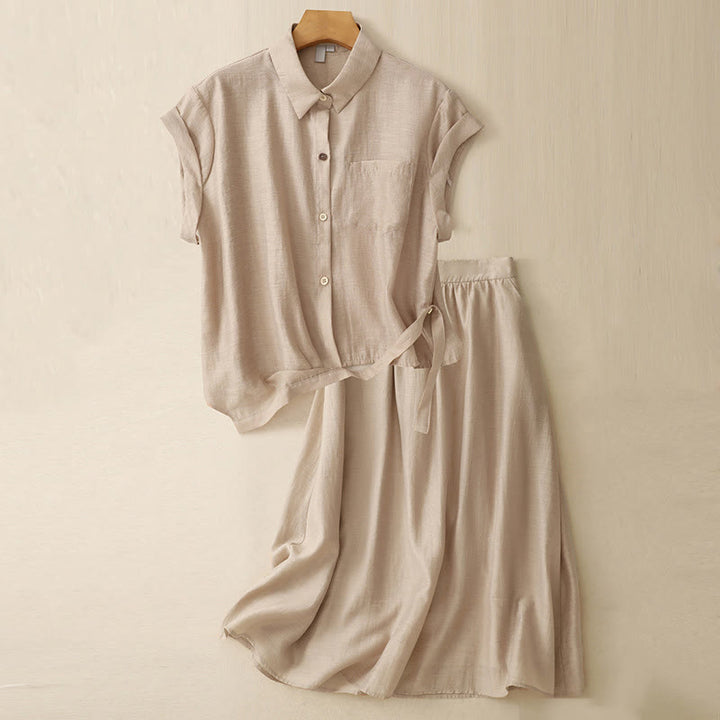 Buddha Stones 2Pcs Short Sleeve Shirt 7-8 Length Skirt With Pockets Cotton Linen Women's Set - Wheat - US8-10,UK/AU12-14,EU40-42 (2XL) - image 15