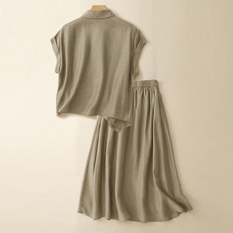 Buddha Stones 2Pcs Short Sleeve Shirt 7-8 Length Skirt With Pockets Cotton Linen Women's Set - image 2