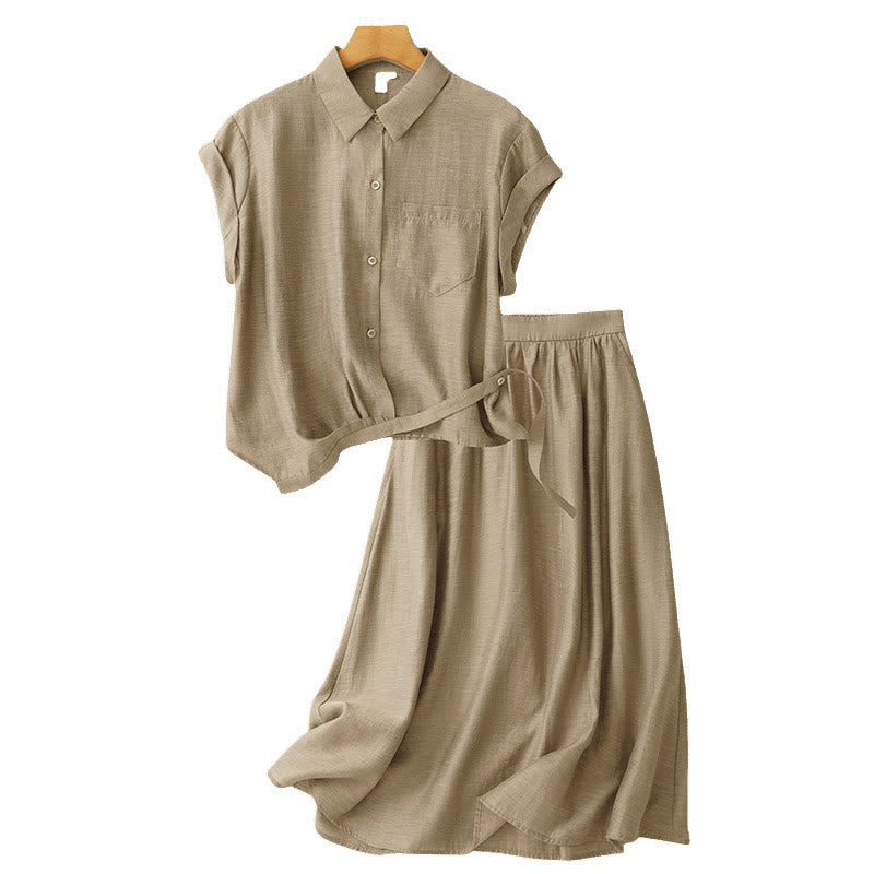 Buddha Stones 2Pcs Short Sleeve Shirt 7-8 Length Skirt With Pockets Cotton Linen Women's Set - image 14