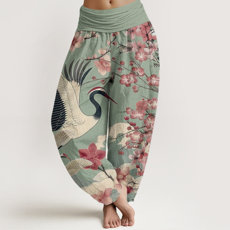 Buddha Stones Casual Crane Cherry Blossom Design Pattern Women's Elastic Waist Harem Pants - DarkSeaGreen - US22,UK/AU26,EU54 (6XL) - image 1