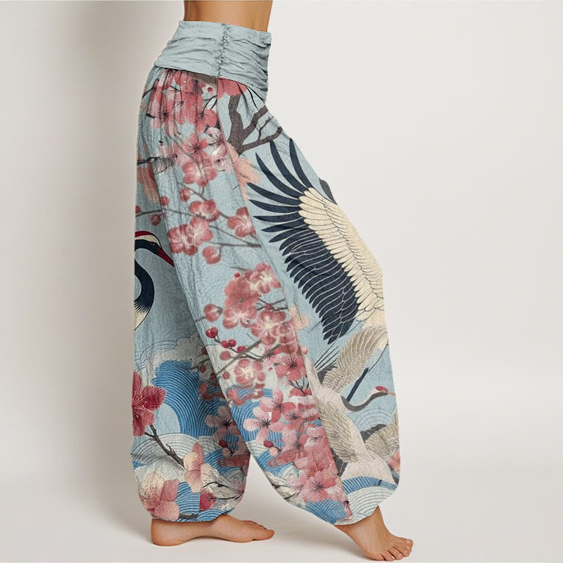 Buddha Stones Casual Crane Cherry Blossom Design Pattern Women's Elastic Waist Harem Pants - image 6