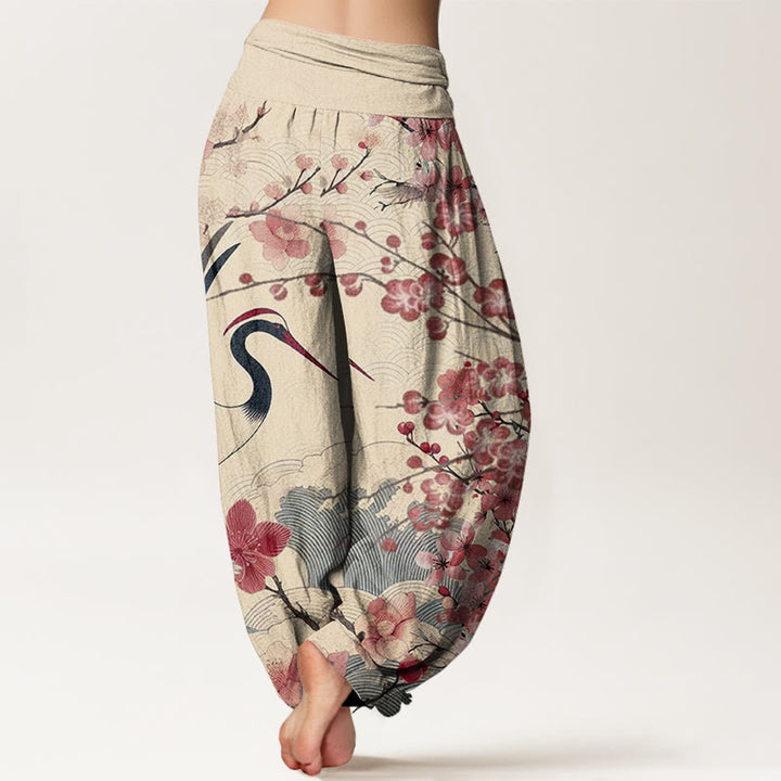 Buddha Stones Casual Crane Cherry Blossom Design Pattern Women's Elastic Waist Harem Pants - image 10