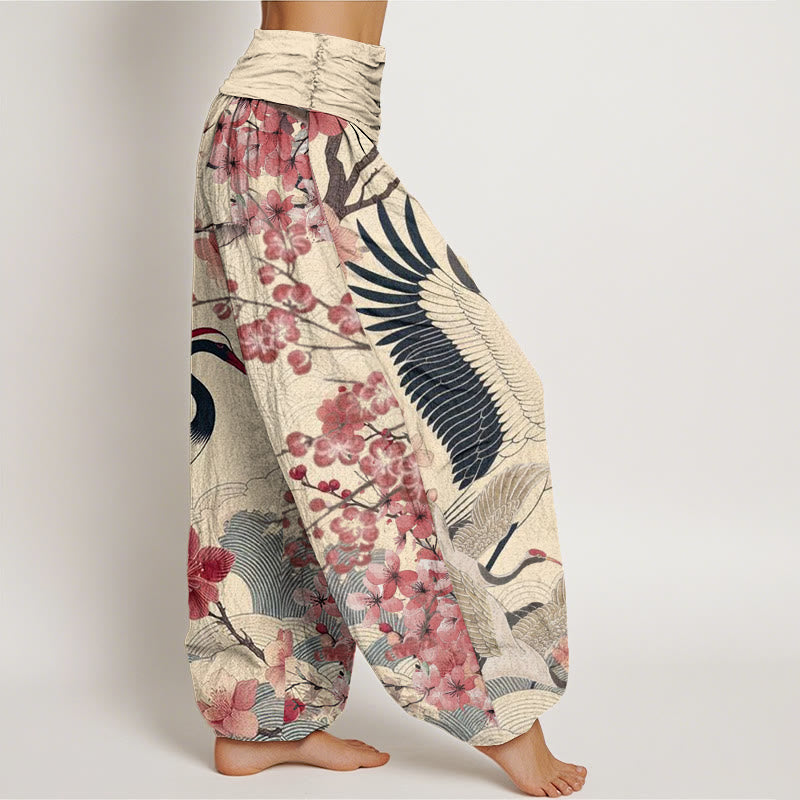 Buddha Stones Casual Crane Cherry Blossom Design Pattern Women's Elastic Waist Harem Pants - image 9