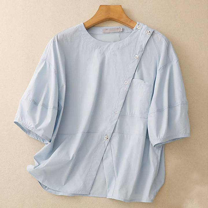 Buddha Stones 2pcs Irregular Button Half Sleeve Shirt Skirt With Pockets Cotton Clothing Women's Set - image 3