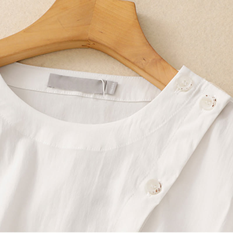 Buddha Stones 2pcs Irregular Button Half Sleeve Shirt Skirt With Pockets Cotton Clothing Women's Set - image 17