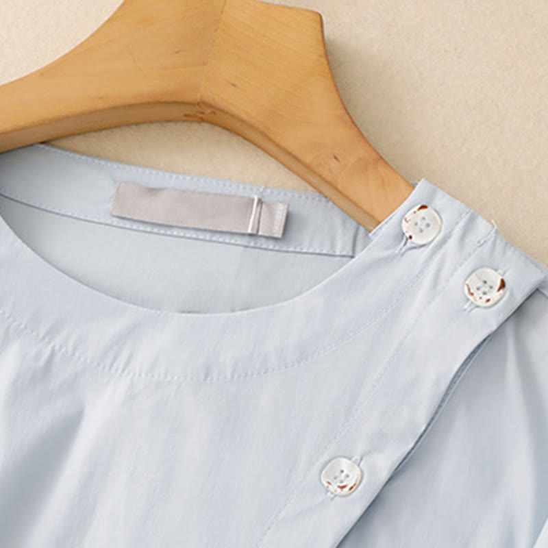 Buddha Stones 2pcs Irregular Button Half Sleeve Shirt Skirt With Pockets Cotton Clothing Women's Set - image 5