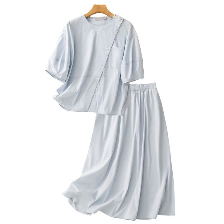 Buddha Stones 2pcs Irregular Button Half Sleeve Shirt Skirt With Pockets Cotton Clothing Women's Set - image 14