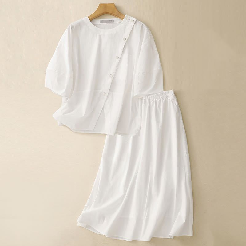 Buddha Stones 2pcs Irregular Button Half Sleeve Shirt Skirt With Pockets Cotton Clothing Women's Set - White - US8-10,UK/AU12-14,EU40-42 (2XL) - image 15