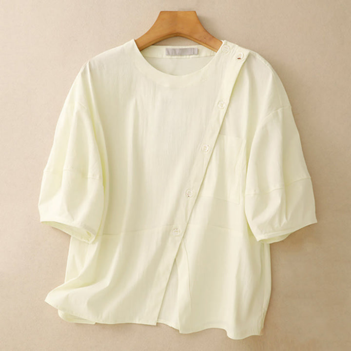 Buddha Stones 2pcs Irregular Button Half Sleeve Shirt Skirt With Pockets Cotton Clothing Women's Set - image 23