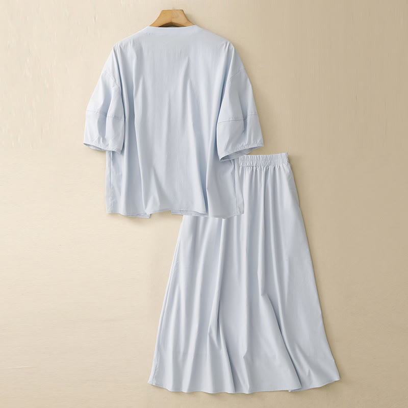 Buddha Stones 2pcs Irregular Button Half Sleeve Shirt Skirt With Pockets Cotton Clothing Women's Set - image 2