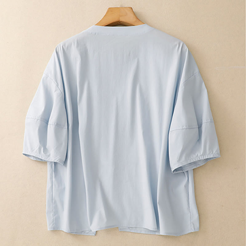 Buddha Stones 2pcs Irregular Button Half Sleeve Shirt Skirt With Pockets Cotton Clothing Women's Set - image 4