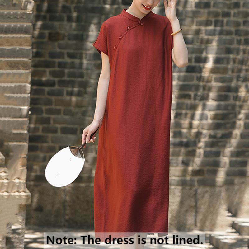 Buddha Stones Plain Cheongsam Lace-Up Design Cotton Linen Short Sleeve Midi Dress - image 2