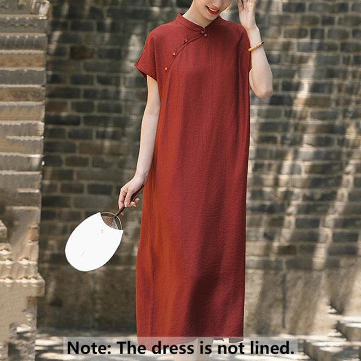 Buddha Stones Plain Cheongsam Lace-Up Design Cotton Linen Short Sleeve Midi Dress - image 2