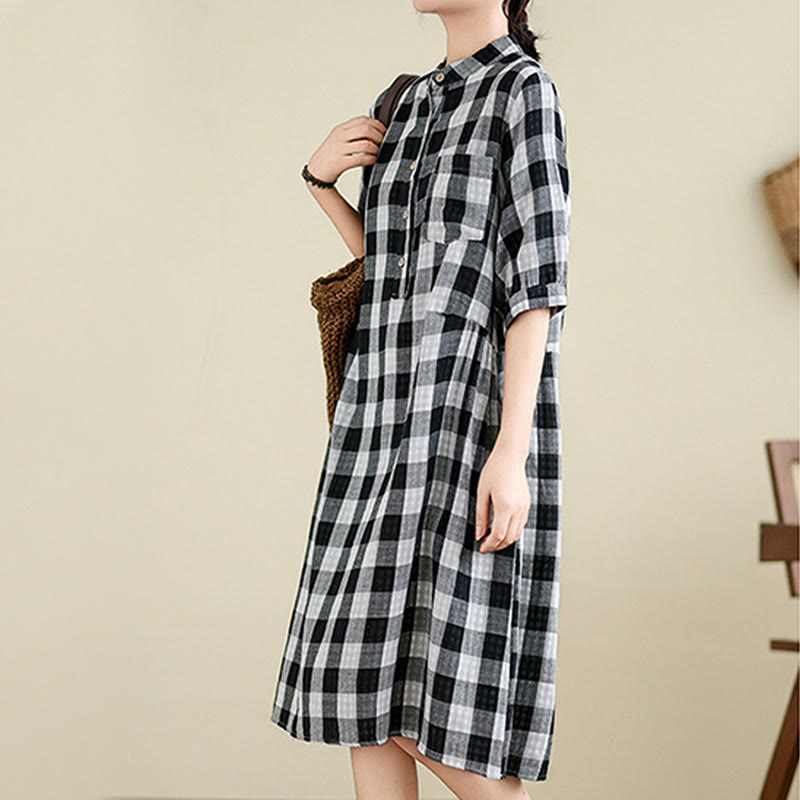 Buddha Stones Plaid Pattern Half Sleeve Cotton Linen Midi Dress With Pockets - image 13