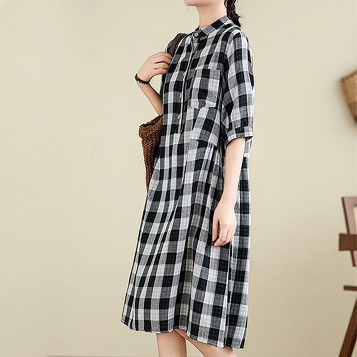 Buddha Stones Plaid Pattern Half Sleeve Cotton Linen Midi Dress With Pockets - image 13