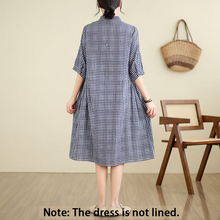 Buddha Stones Plaid Pattern Half Sleeve Cotton Linen Midi Dress With Pockets - image 5
