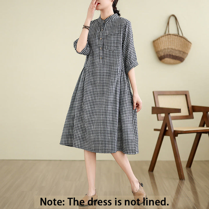 Buddha Stones Plaid Pattern Half Sleeve Cotton Linen Midi Dress With Pockets - image 2
