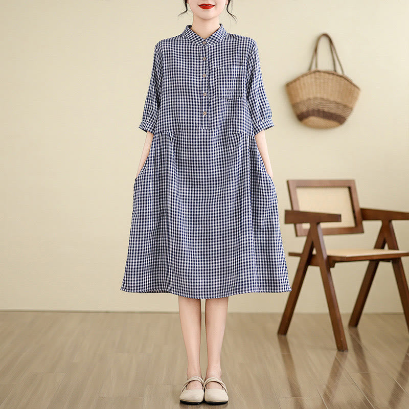 Buddha Stones Plaid Pattern Half Sleeve Cotton Linen Midi Dress With Pockets - DarkBlue(Small grid) - US8-10,UK/AU12-14,EU40-42 (2XL) - image 4