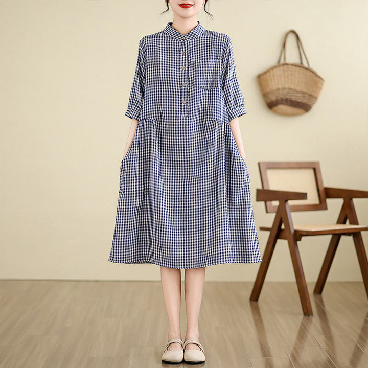 Buddha Stones Plaid Pattern Half Sleeve Cotton Linen Midi Dress With Pockets - DarkBlue(Small grid) - US8-10,UK/AU12-14,EU40-42 (2XL) - image 4