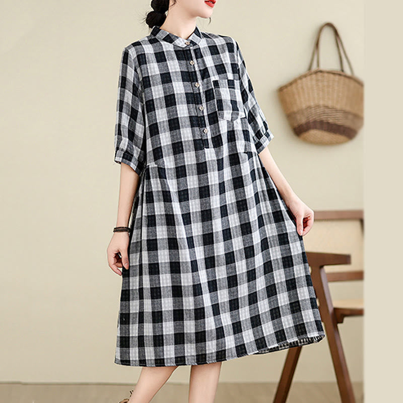 Buddha Stones Plaid Pattern Half Sleeve Cotton Linen Midi Dress With Pockets - image 10