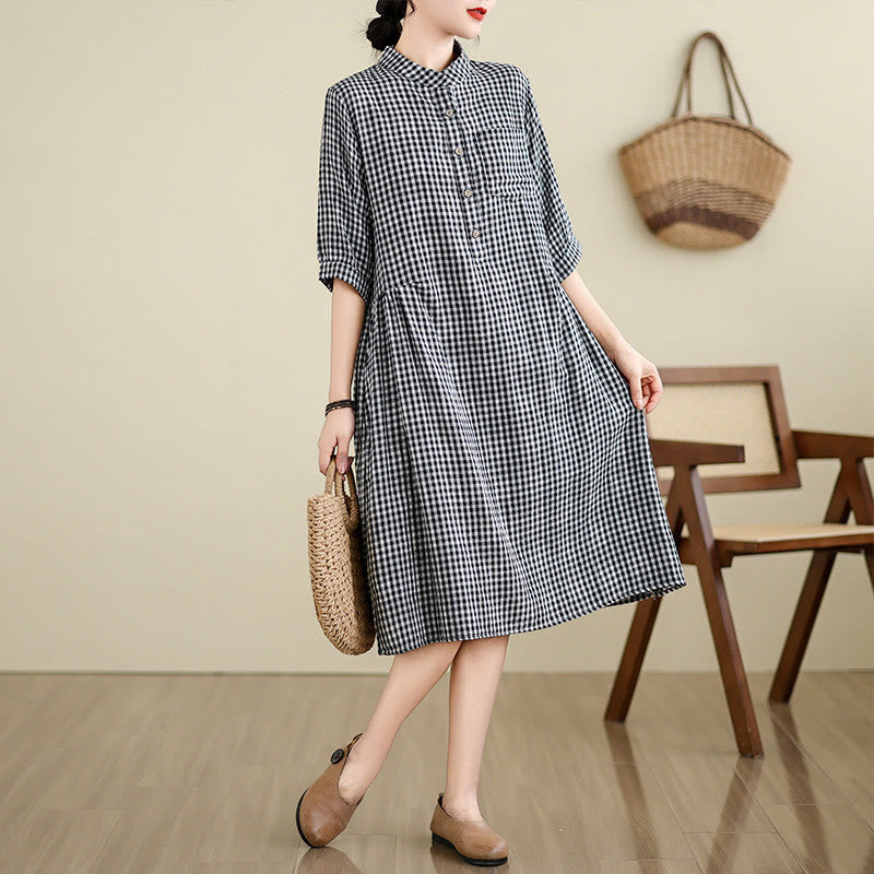 Buddha Stones Plaid Pattern Half Sleeve Cotton Linen Midi Dress With Pockets - Black(Small grid) - US8-10,UK/AU12-14,EU40-42 (2XL) - image 1