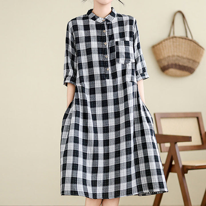Buddha Stones Plaid Pattern Half Sleeve Cotton Linen Midi Dress With Pockets - image 11
