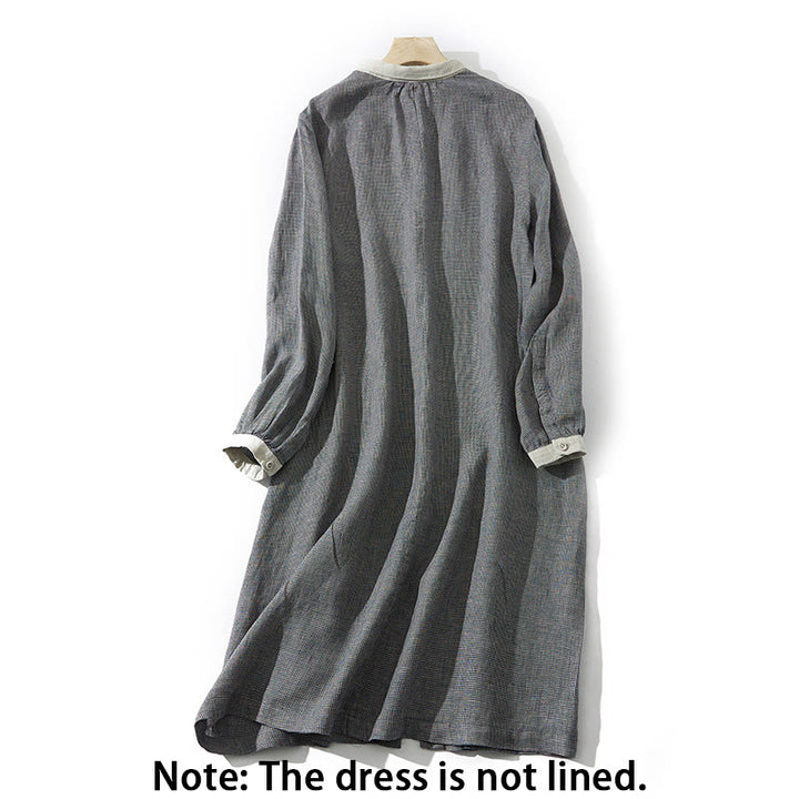 Buddha Stones Commute DimGray Plaid Lantern Long Sleeve Cotton Linen Midi Dress With Pockets - image 2