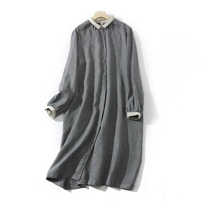 Buddha Stones Commute DimGray Plaid Lantern Long Sleeve Cotton Linen Midi Dress With Pockets - DimGray - US8-10,UK/AU12-14,EU40-42 (2XL) - image 1