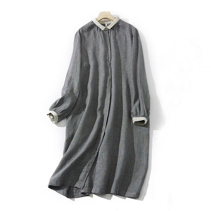 Buddha Stones Commute DimGray Plaid Lantern Long Sleeve Cotton Linen Midi Dress With Pockets - DimGray - US8-10,UK/AU12-14,EU40-42 (2XL) - image 1