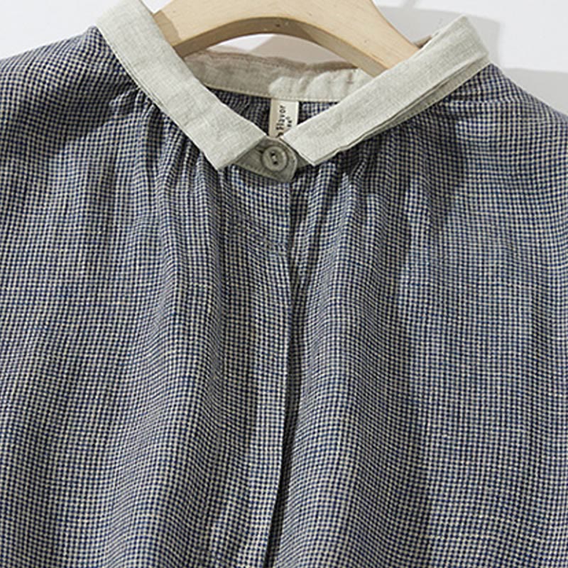 Buddha Stones Commute DimGray Plaid Lantern Long Sleeve Cotton Linen Midi Dress With Pockets - image 3