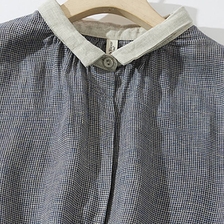 Buddha Stones Commute DimGray Plaid Lantern Long Sleeve Cotton Linen Midi Dress With Pockets - image 3