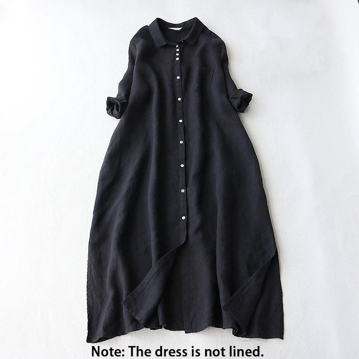 Buddha Stones Buttons Design Lapel Three Quarter Sleeve Cotton Linen Midi Dress With Pockets - image 2