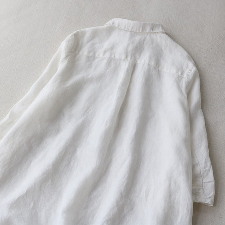 Buddha Stones Buttons Design Lapel Three Quarter Sleeve Cotton Linen Midi Dress With Pockets - image 9