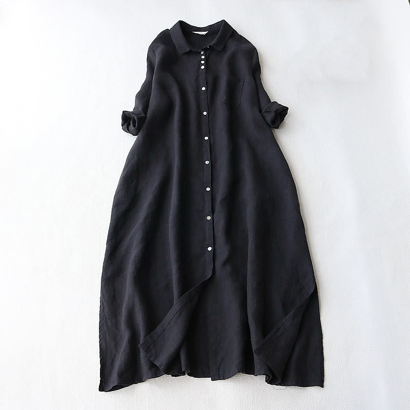 Buddha Stones Buttons Design Lapel Three Quarter Sleeve Cotton Linen Midi Dress With Pockets - Black - US8-10,UK/AU12-14,EU40-42 (2XL) - image 1