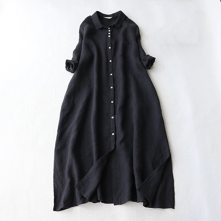 Buddha Stones Buttons Design Lapel Three Quarter Sleeve Cotton Linen Midi Dress With Pockets - Black - US8-10,UK/AU12-14,EU40-42 (2XL) - image 1