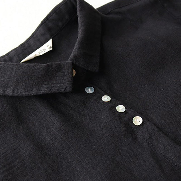 Buddha Stones Buttons Design Lapel Three Quarter Sleeve Cotton Linen Midi Dress With Pockets - image 4