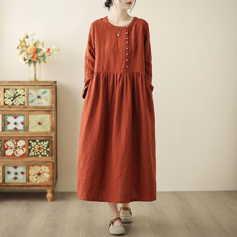 Buddha Stones OrangeRed Lace-Up Design Long Sleeve Cotton Midi Dress With Pockets - OrangeRed - US8-10,UK/AU12-14,EU40-42 (2XL) - image 1