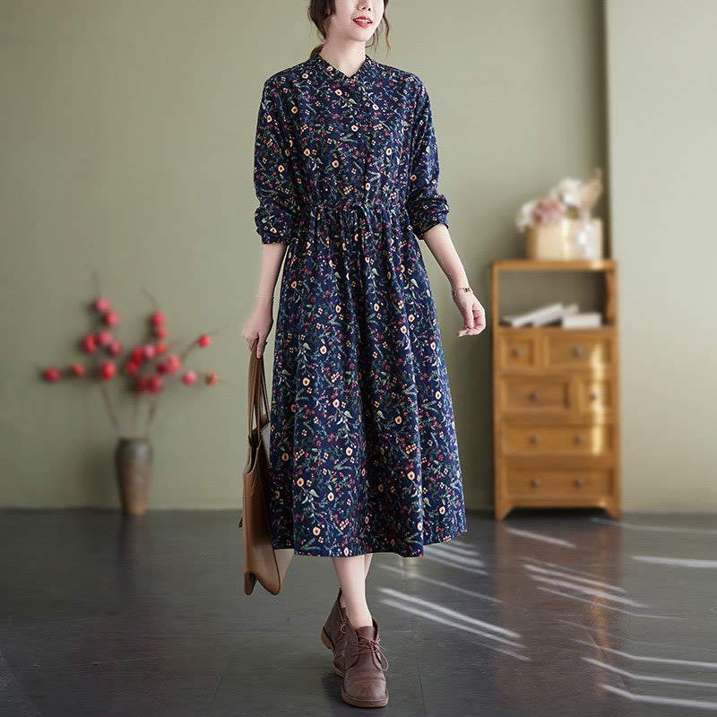 Buddha Stones Ethnic Printing Drawstring Long Sleeve Cotton Linen Midi Dress With Pockets - MidnightBlue - US8-10,UK/AU12-14,EU40-42 (2XL) - image 1