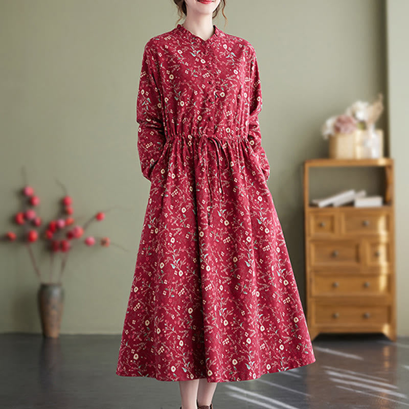 Buddha Stones Ethnic Printing Drawstring Long Sleeve Cotton Linen Midi Dress With Pockets - image 10