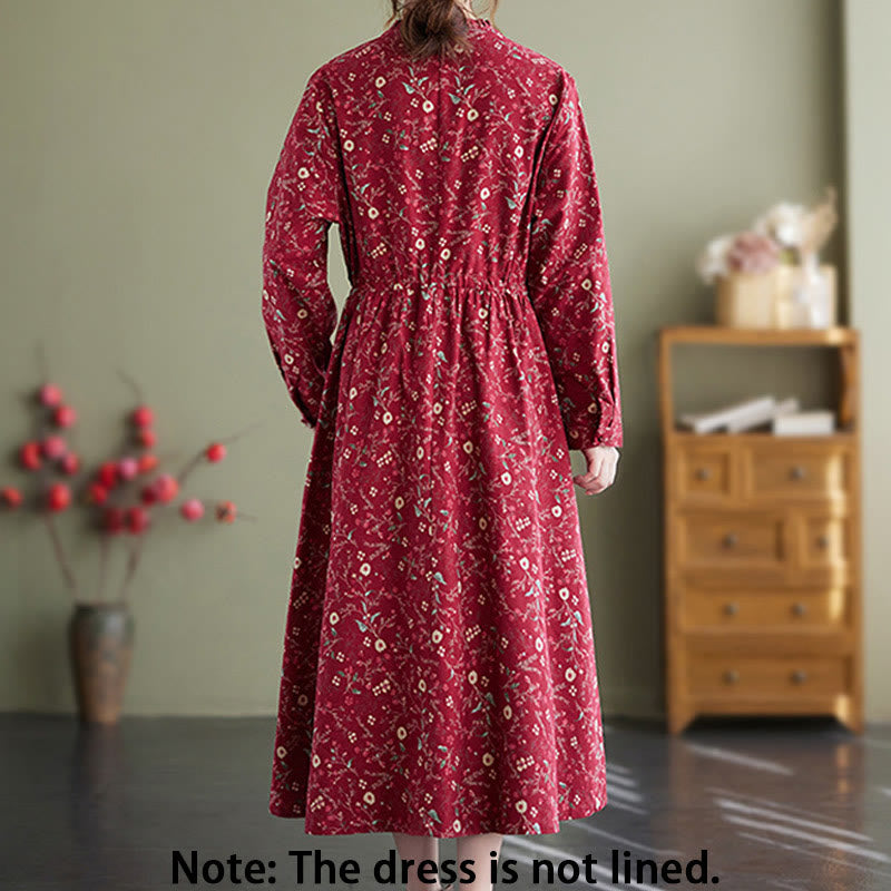 Buddha Stones Ethnic Printing Drawstring Long Sleeve Cotton Linen Midi Dress With Pockets - image 7
