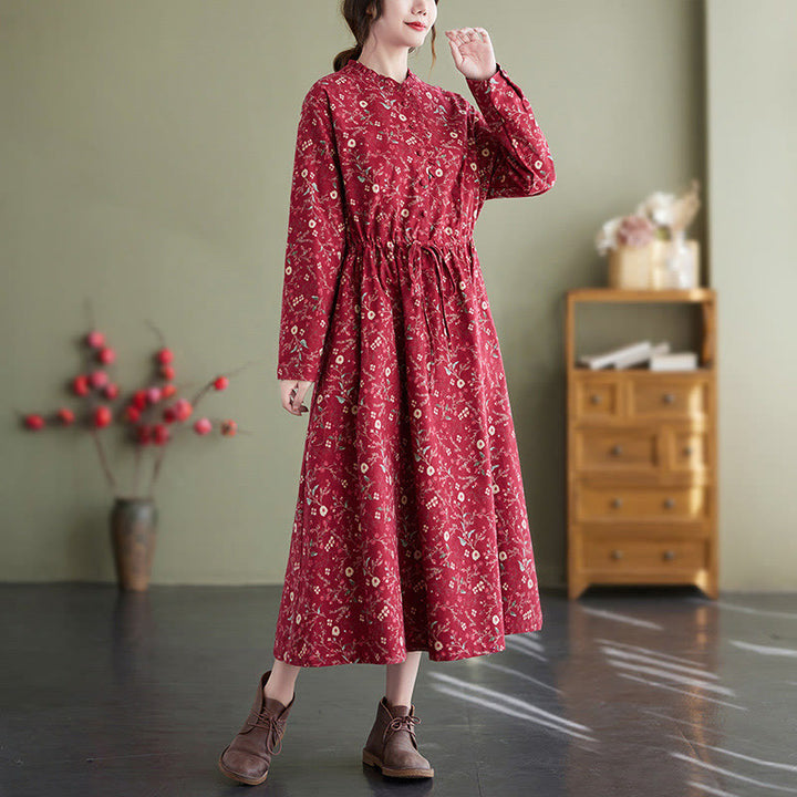 Buddha Stones Ethnic Printing Drawstring Long Sleeve Cotton Linen Midi Dress With Pockets - Crimson - US8-10,UK/AU12-14,EU40-42 (2XL) - image 6